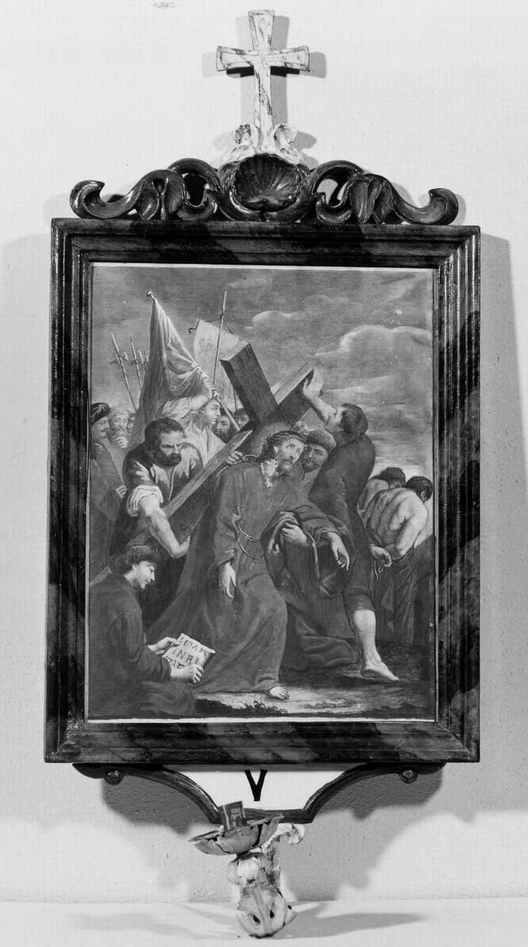 stazione V: Cristo aiutato da Simone Cireneo a portare la croce (incisione, elemento d'insieme) di Del Colle Pellegrino, Angeli Giuseppe (sec. XVIII)