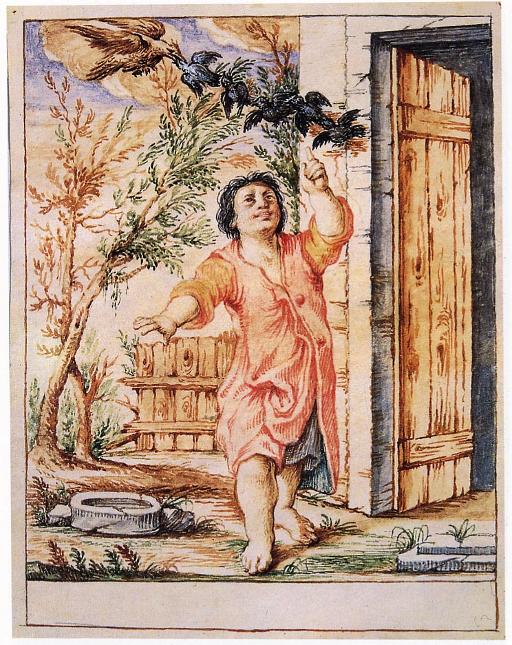 Bertoldino lega i pulcini e il nibbio li porta via (disegno) di Crespi Giuseppe Maria detto Spagnolo (sec. XVIII)