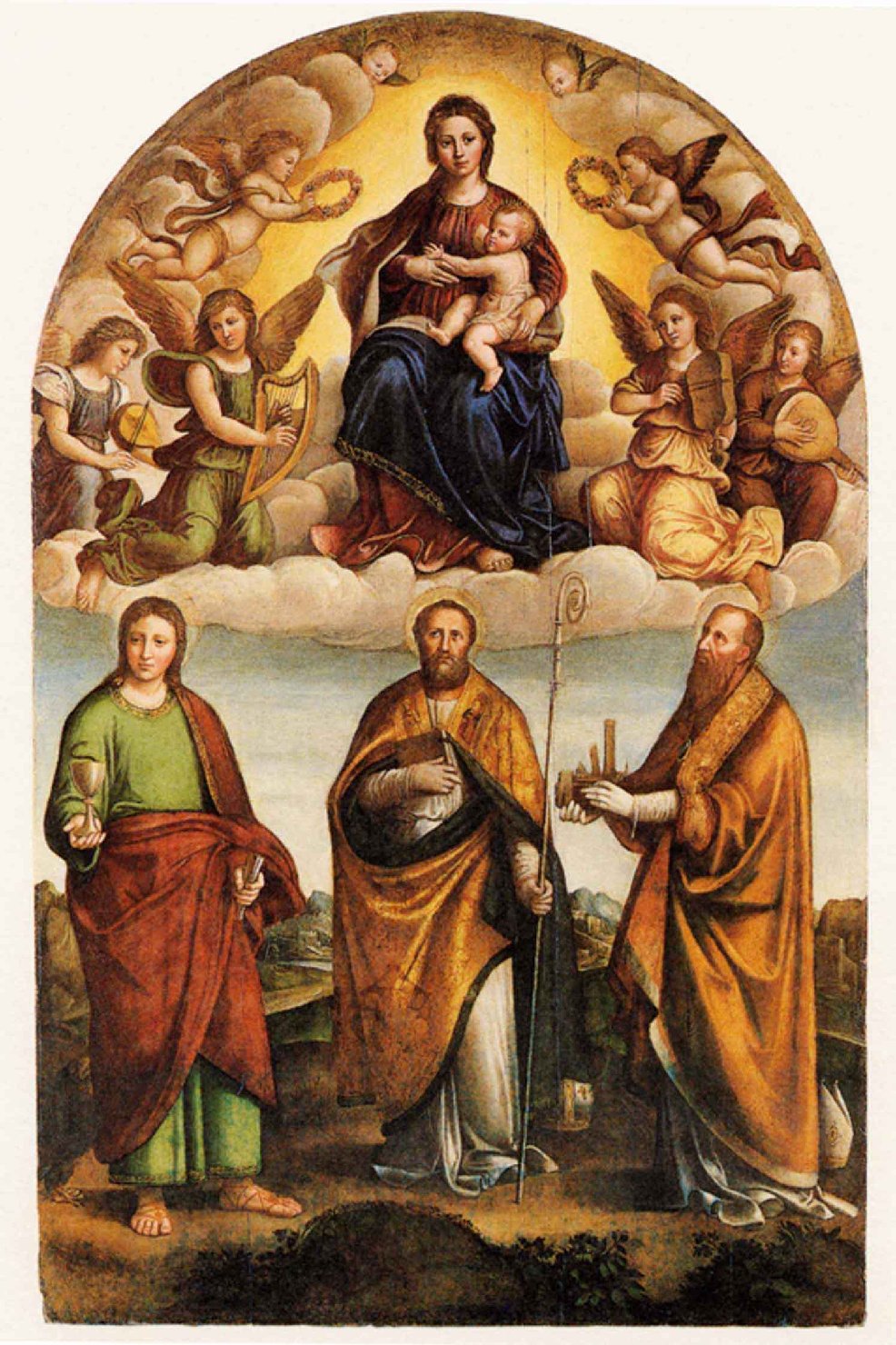 Madonna con Bambino sulle nuvole con i Santi Giovanni Evangelista, Eleutropio e Petronio (dipinto) di Pisano Niccolò detto Abbruggia (sec. XVI)