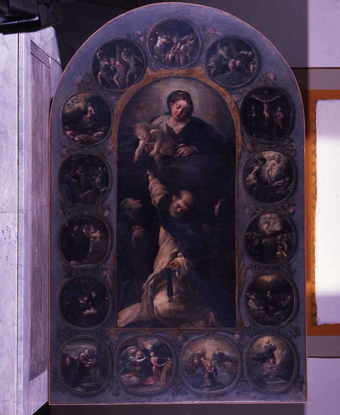 Madonna del Rosario con San Domenico e santi e misteri del rosario (dipinto) di Faccini Pietro (attribuito) (seconda metà sec. XVI)