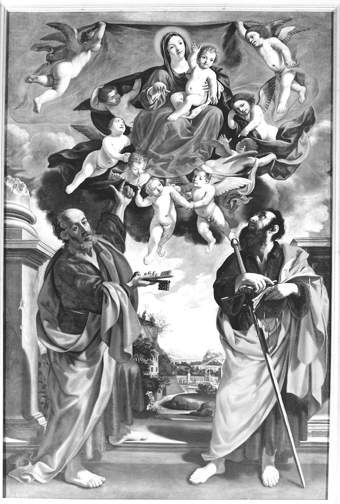 Madonna con Bambino in gloria con San Pietro e San Paolo (pala d'altare) di Loves Matteo (sec. XVII)