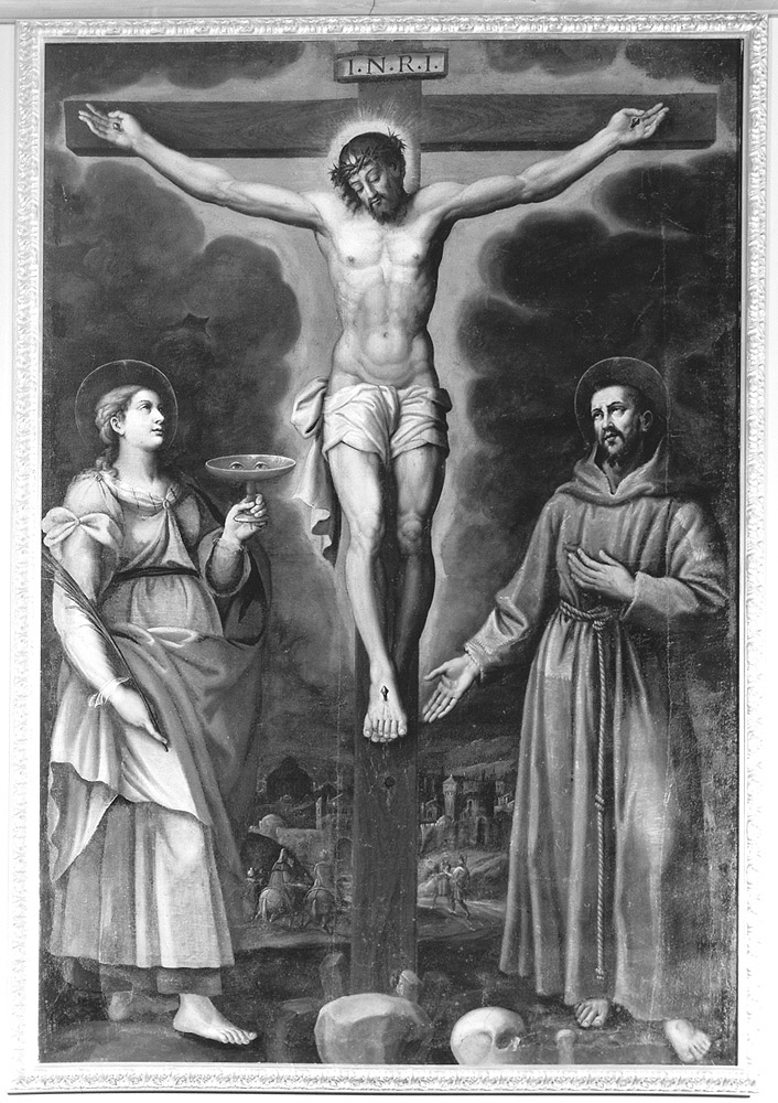 Cristo crocefisso con San Francesco d' Assisi e Santa Lucia (pala d'altare) - ambito bolognese (secc. XVI/ XVII)