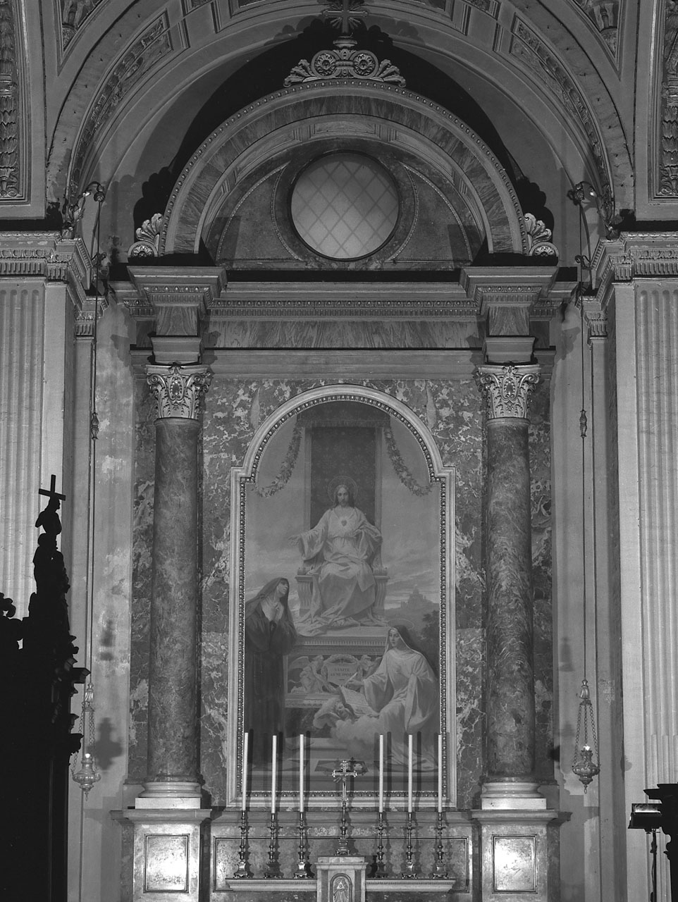 Gesù in trono che mostra il Sacro Cuore alle Sante monache Margherita Alacoque e Geltrude (dipinto) di Cassioli Giuseppe (prima metà sec. XX)