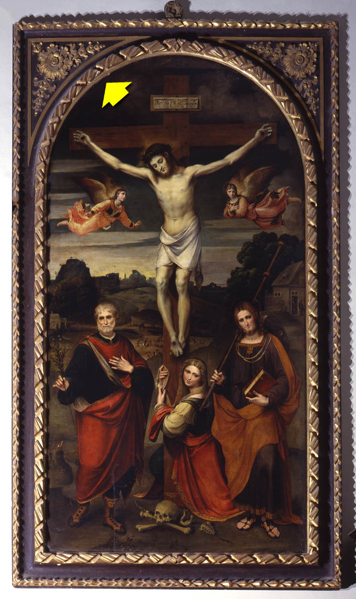 Crocifissione di Gesù Cristo con San Pietro, Santa Maria Maddalena e San Giacomo (dipinto) di Ramenghi Bartolomeo detto Bagnacavallo (prima metà sec. XVI)