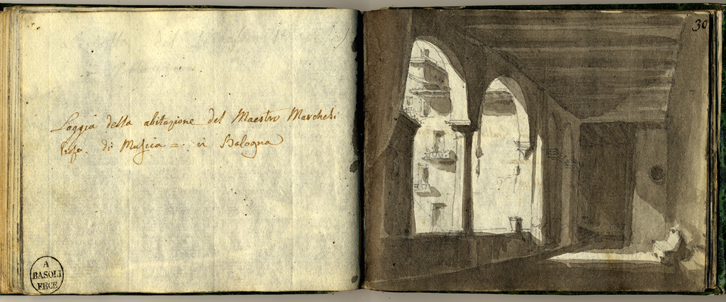 loggia della abitazione del maestro Marchesi prof. di Musica in Bologna, loggia (stampa, elemento d'insieme) di Basoli Antonio (sec. XIX)