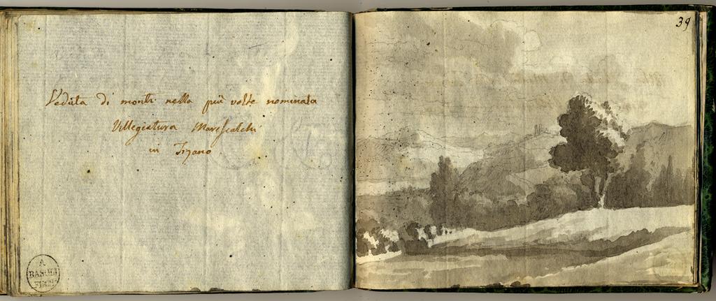 veduta di monti nella più volte nominata villegiatura Marescalchi in Tizano, veduta con colline (stampa, elemento d'insieme) di Basoli Antonio (sec. XIX)