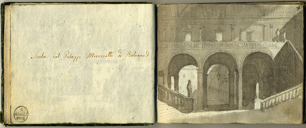 scala del palazzo Marescotti di Bologna, palazzo con scalone (stampa, elemento d'insieme) di Basoli Antonio (sec. XIX)