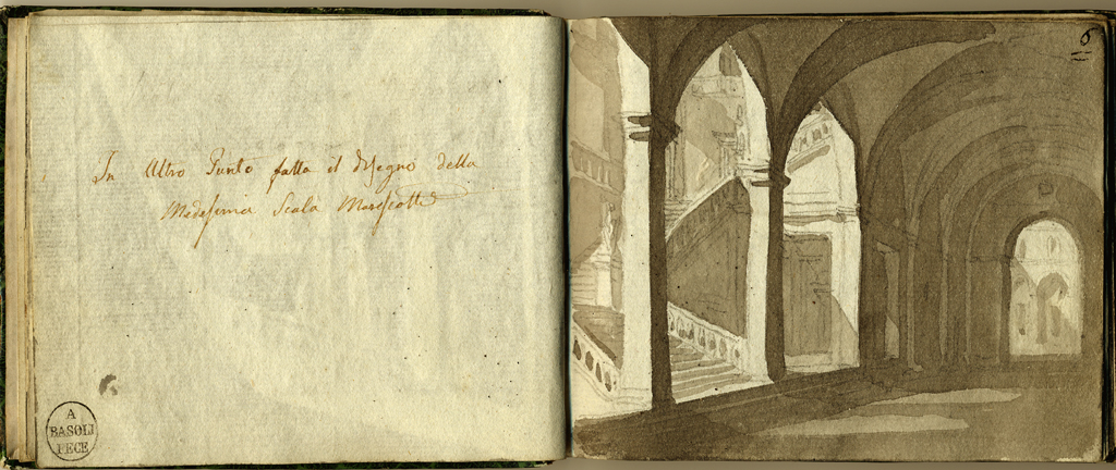 veduta della scala Marescotti in Bologna, scalone di palazzo (stampa, elemento d'insieme) di Basoli Antonio (sec. XIX)