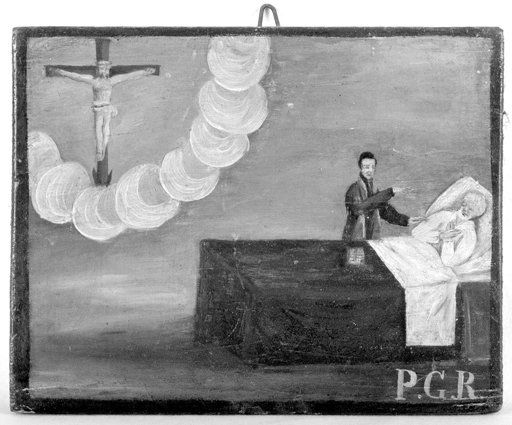 Moribondo a letto e sacerdote (ex voto) - ambito emiliano (sec. XIX)