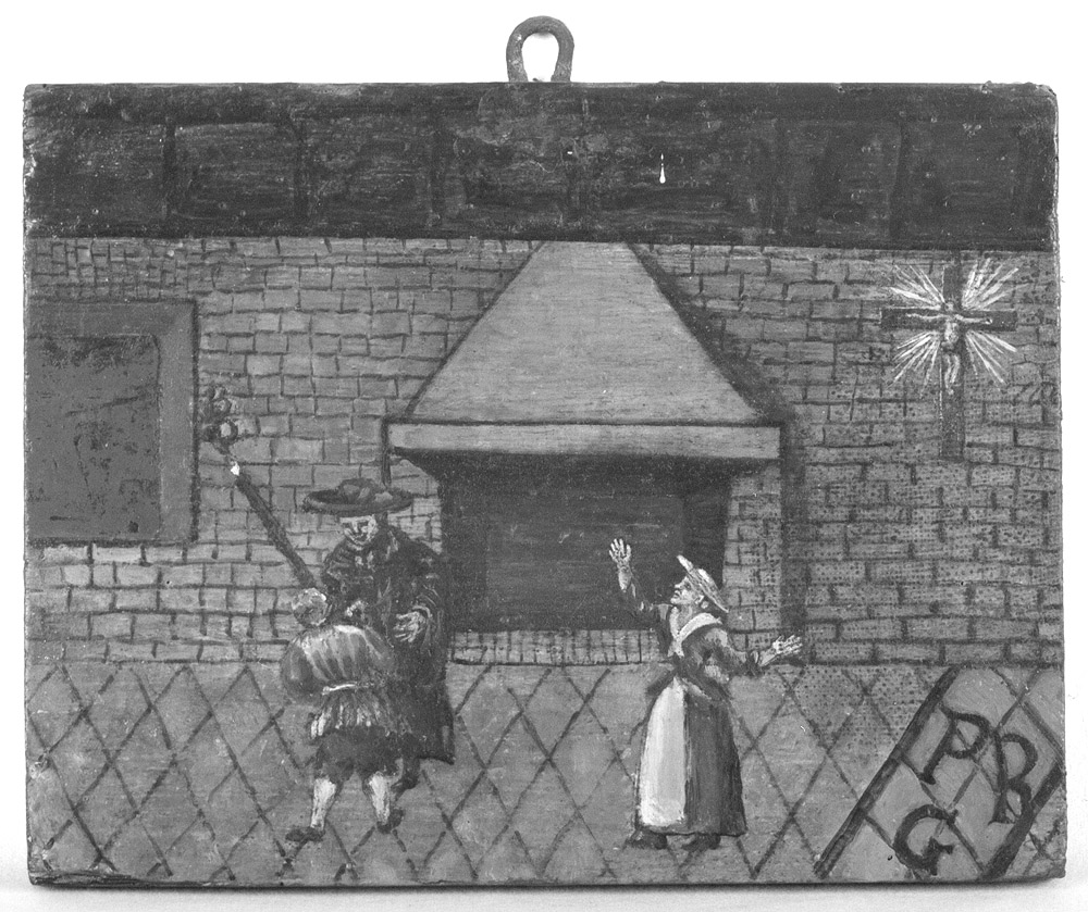 Cucina con tre figure all'interno (ex voto) - ambito emiliano (sec. XVII)