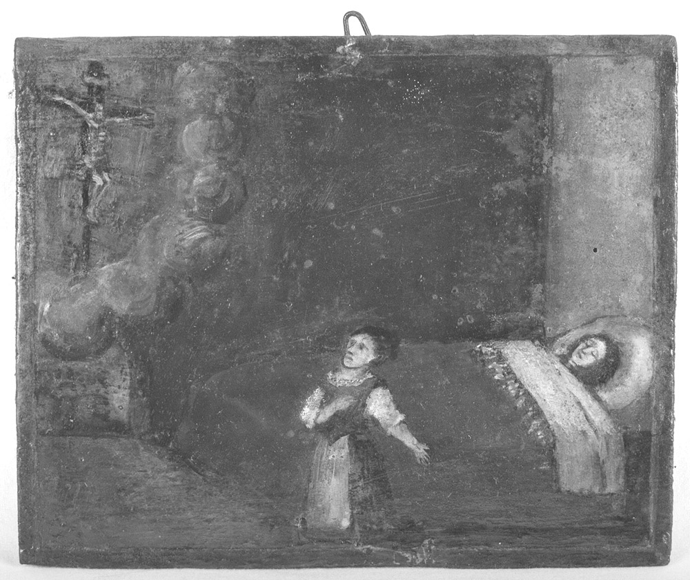 Donna inginocchiata presso un letto con moribonda (ex voto) - ambito emiliano (sec. XVII)