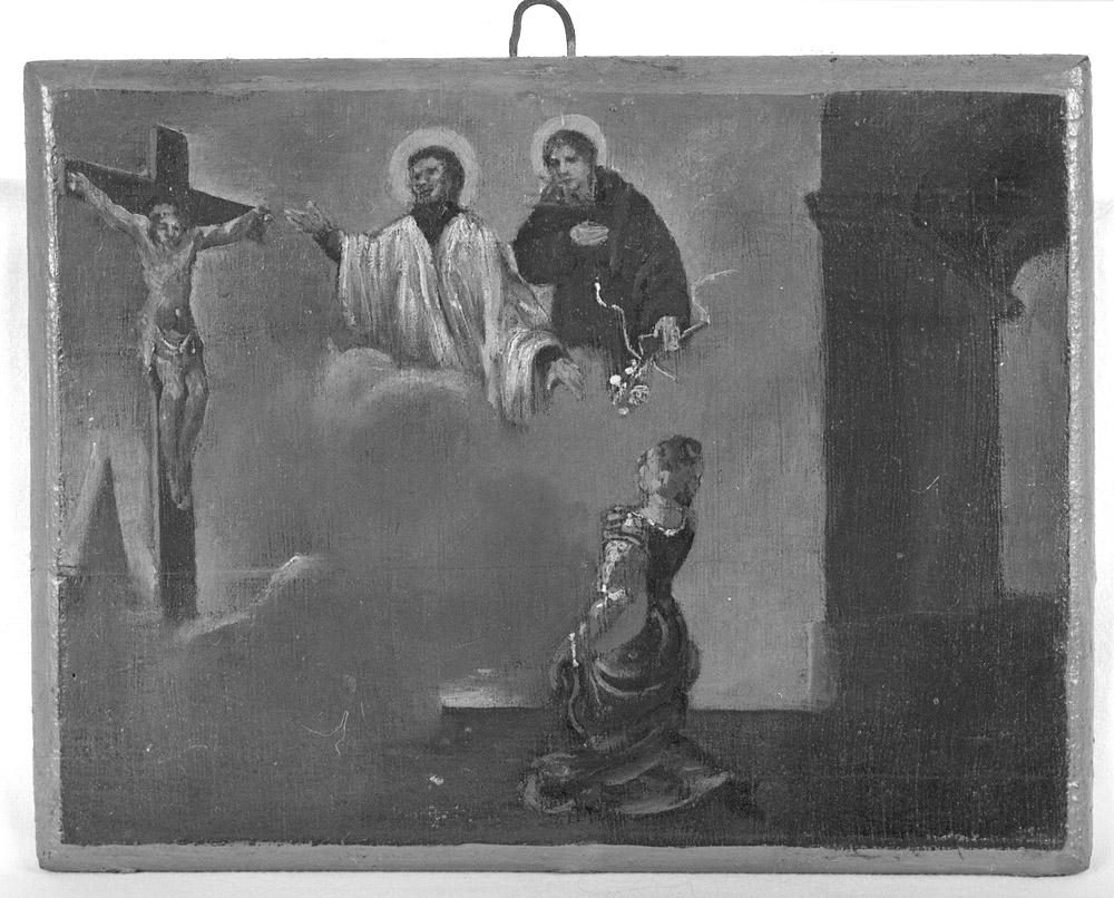 Donna inginocchiata davanti al Crocifisso a San Giuseppe Calasanzio e a Sant'Antonio da Padova (ex voto) - ambito emiliano (seconda metà sec. XIX)