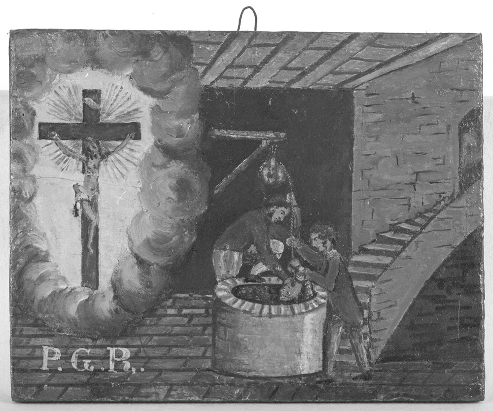 Interno di una casa con pozzo e due figure intorno (ex voto) - ambito emiliano (inizio sec. XIX)