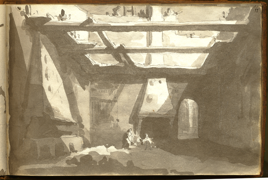 avanzi dell'incendio fuori Saragozza, veduta di interno di casa diroccata (stampa, elemento d'insieme) di Basoli Antonio (sec. XIX)