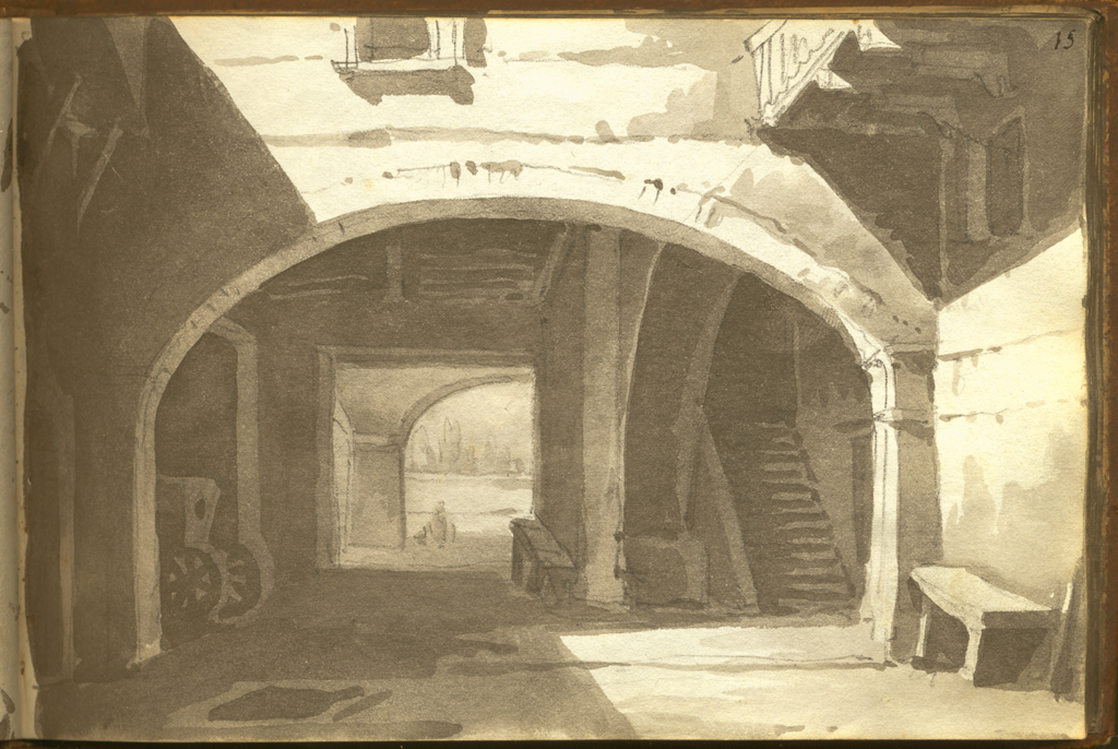 cortile dell'osteria di Marsaia passato Modena, veduta di cortile (stampa, elemento d'insieme) di Basoli Antonio (sec. XIX)