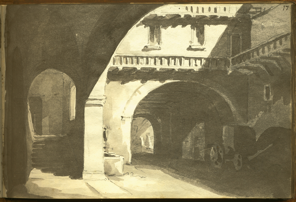 veduta di cortile tratto dal vero della osteria di S. Donino in Parma, veduta di cortile (stampa, elemento d'insieme) di Basoli Antonio (sec. XIX)