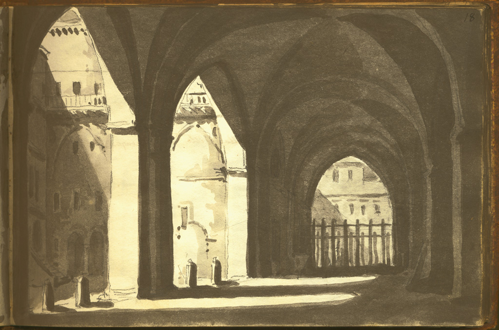 veduta di un quartiere di soldati contiguo alla piazza di Piacenza, veduta con portico (stampa, elemento d'insieme) di Basoli Antonio (sec. XIX)