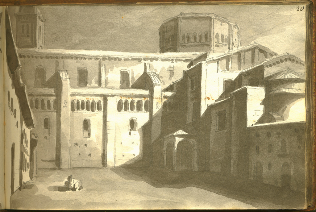 parte laterale del duomo di Piacenza tratta dal vero, veduta di chiesa (stampa, elemento d'insieme) di Basoli Antonio (sec. XIX)