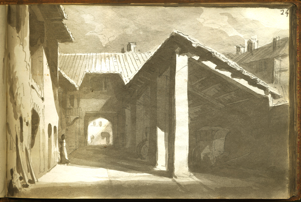 porzione della locanda di Marignano, veduta di locanda (stampa, elemento d'insieme) di Basoli Antonio (sec. XIX)