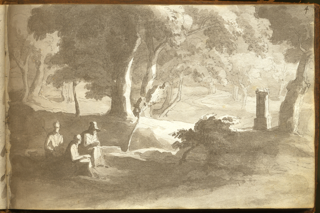 veduta dela vallone del sig. conte Marescalchi a mezza Ratta, veduta con alberi (stampa, elemento d'insieme) di Basoli Antonio (sec. XIX)