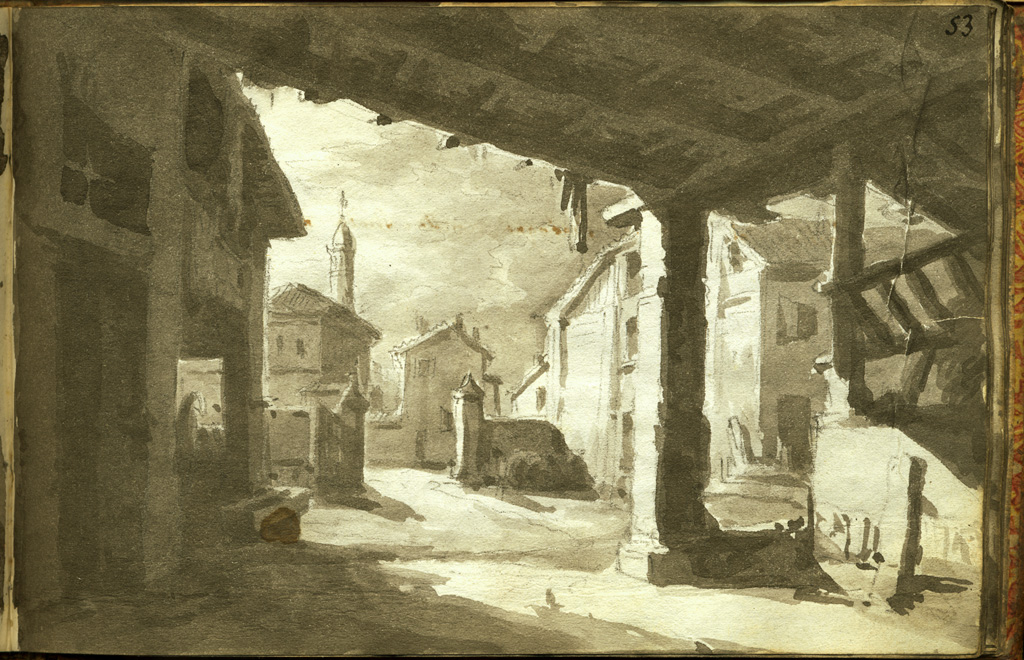 veduta di Moglia di Gonzaga tra Mantova e Modena, veduta con case (stampa, elemento d'insieme) di Basoli Antonio (sec. XIX)