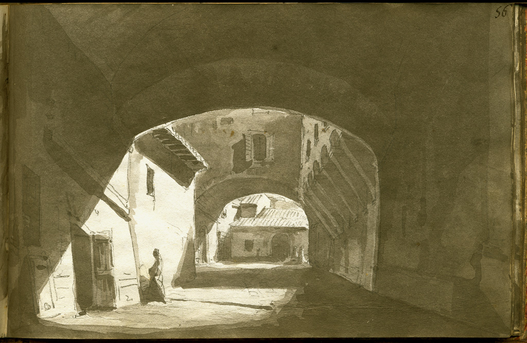 gran volto detto dei Tubertini in Bologna, veduta di strada con case (stampa, elemento d'insieme) di Basoli Antonio (sec. XIX)