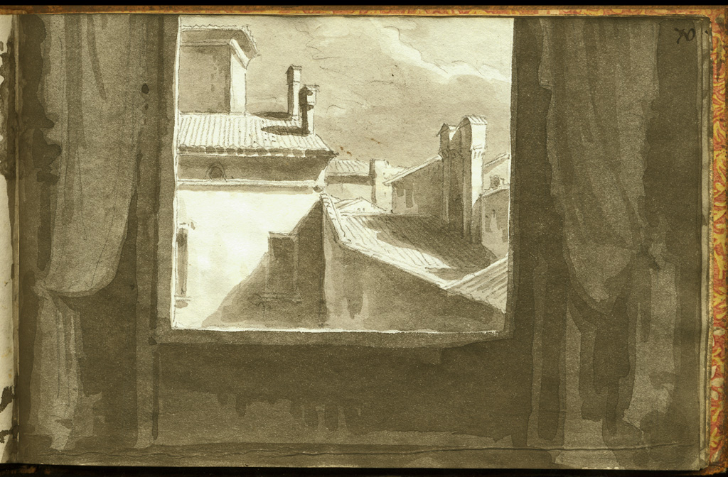 veduta di finestra nel colleggio fiamingo in Bologna, veduta con tetti (stampa, elemento d'insieme) di Basoli Antonio (sec. XIX)