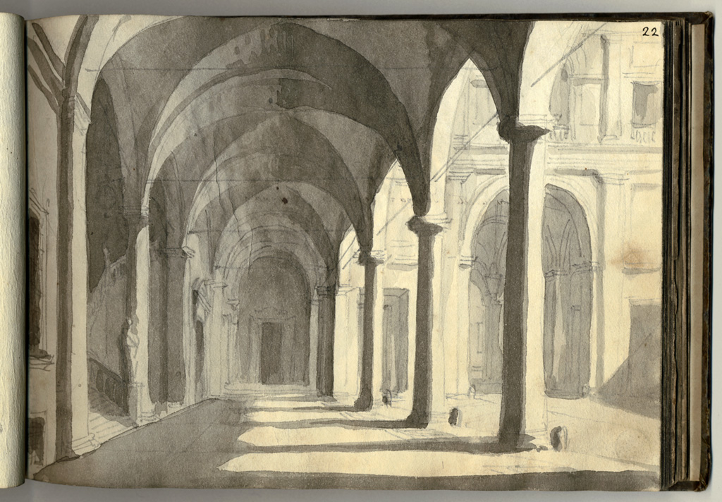 introduzione alla scala del Palazzo Pepoli in Bologna, loggia (stampa, elemento d'insieme) di Basoli Antonio (sec. XIX)