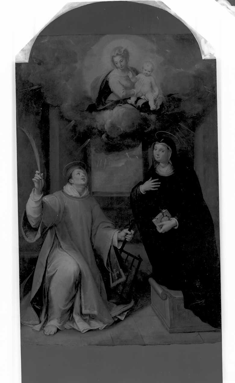 Madonna con Bambino appare a San Lorenzo e Santa Giuliana de' Banzi (pala d'altare) di Calvaert Denys detto Dionisio fiammingo (sec. XVII)
