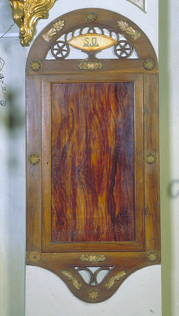 anta di armadietto per oli santi, serie - manifattura ferrarese (secc. XIX/ XX)
