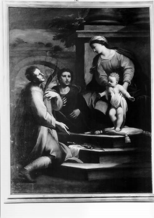 Madonna con Bambino, San Crispino e San Crispiniano (dipinto) di Cozza Giovanni Battista (sec. XVIII)