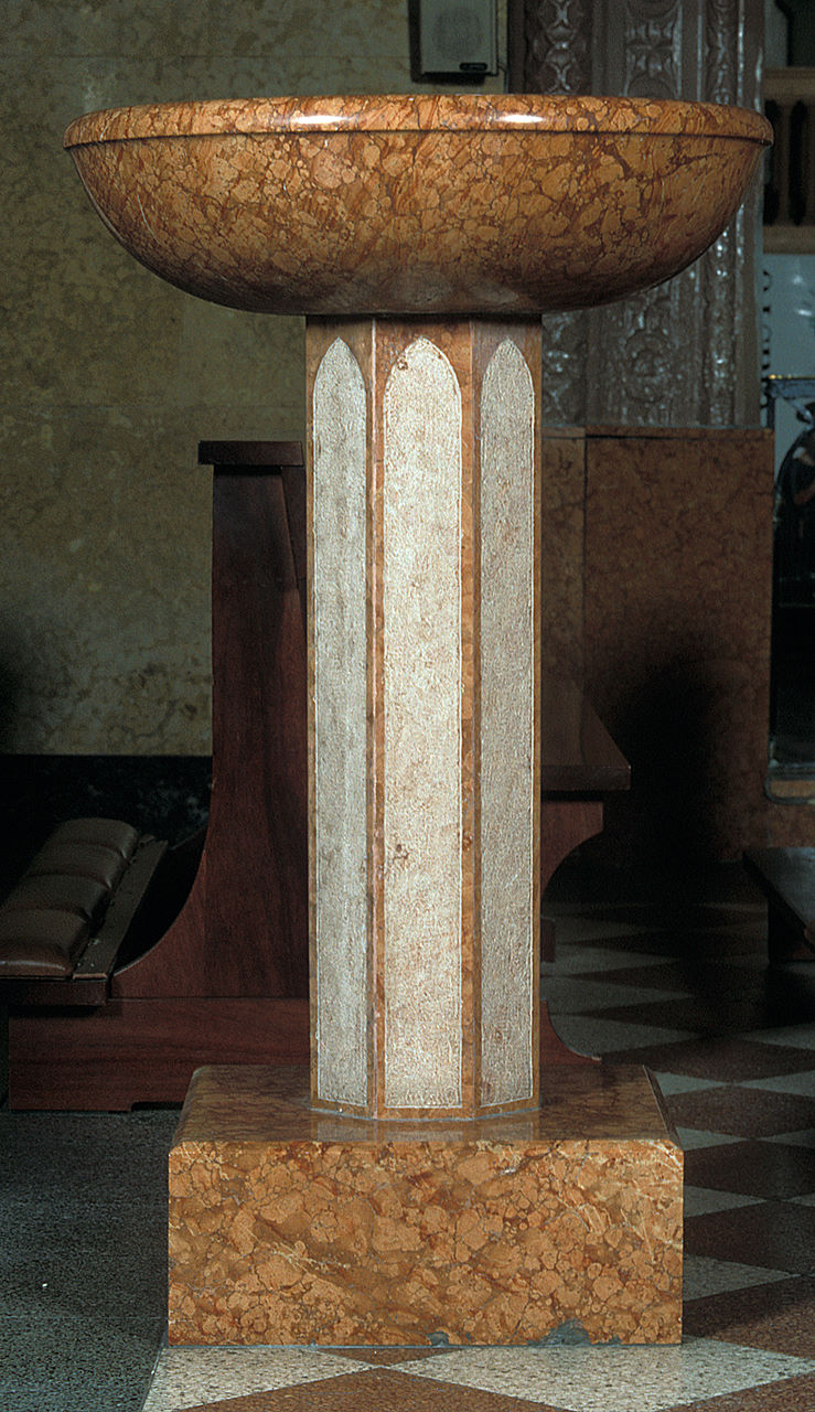 acquasantiera - a fusto, serie - ambito ferrarese (terzo quarto sec. XX)