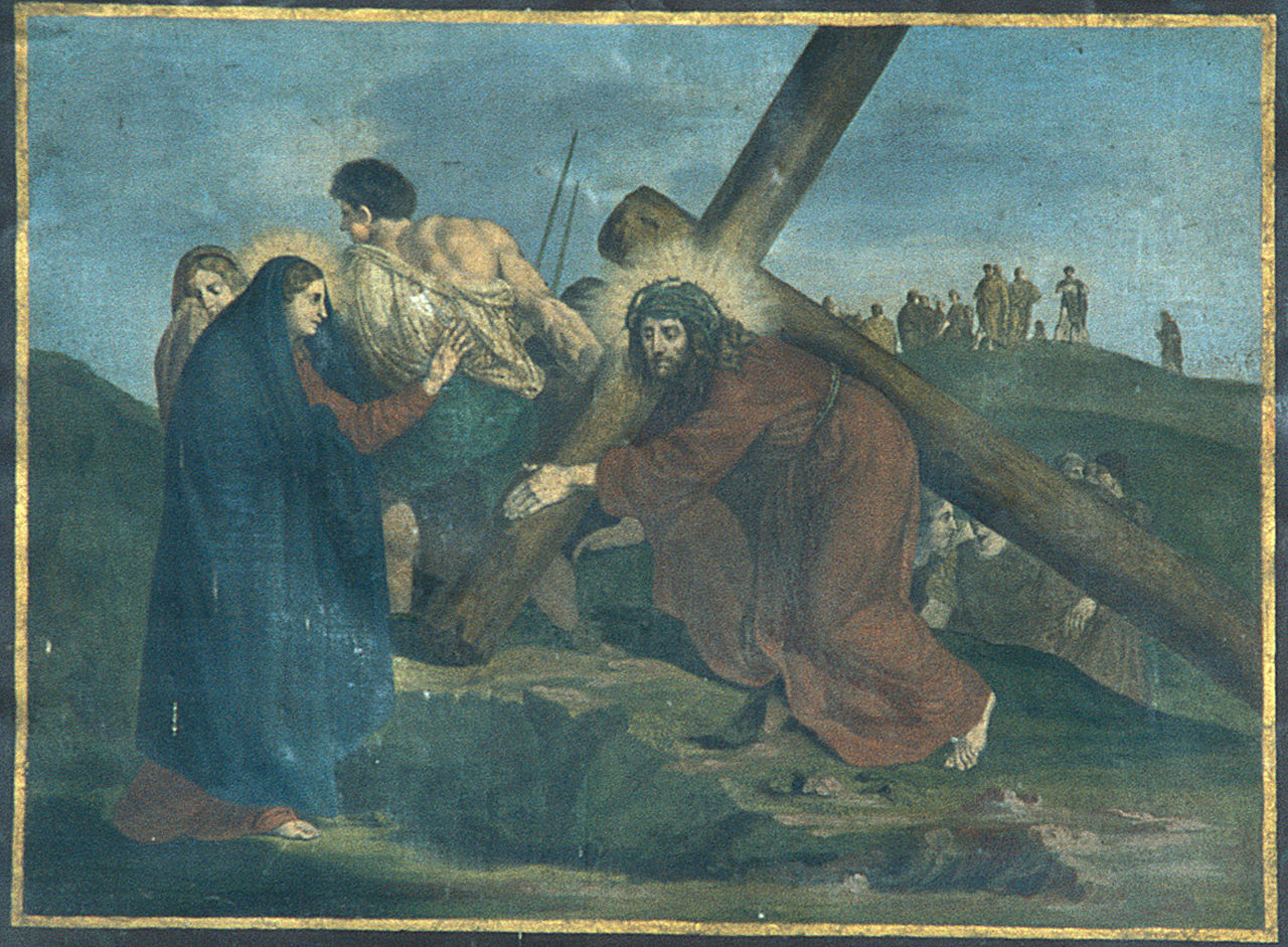 Gesù Cristo incontra la Madonna e le pie donne (Via Crucis IV) (stampa, elemento d'insieme) - ambito italiano (seconda metà sec. XIX)
