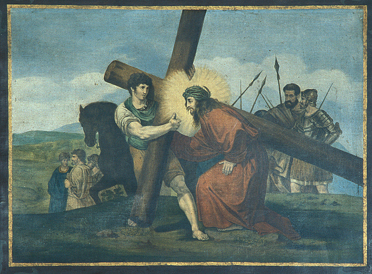 Gesù Cristo aiutato dal cireneo a portare la croce (Via Crucis V) (stampa, elemento d'insieme) - ambito italiano (seconda metà sec. XIX)