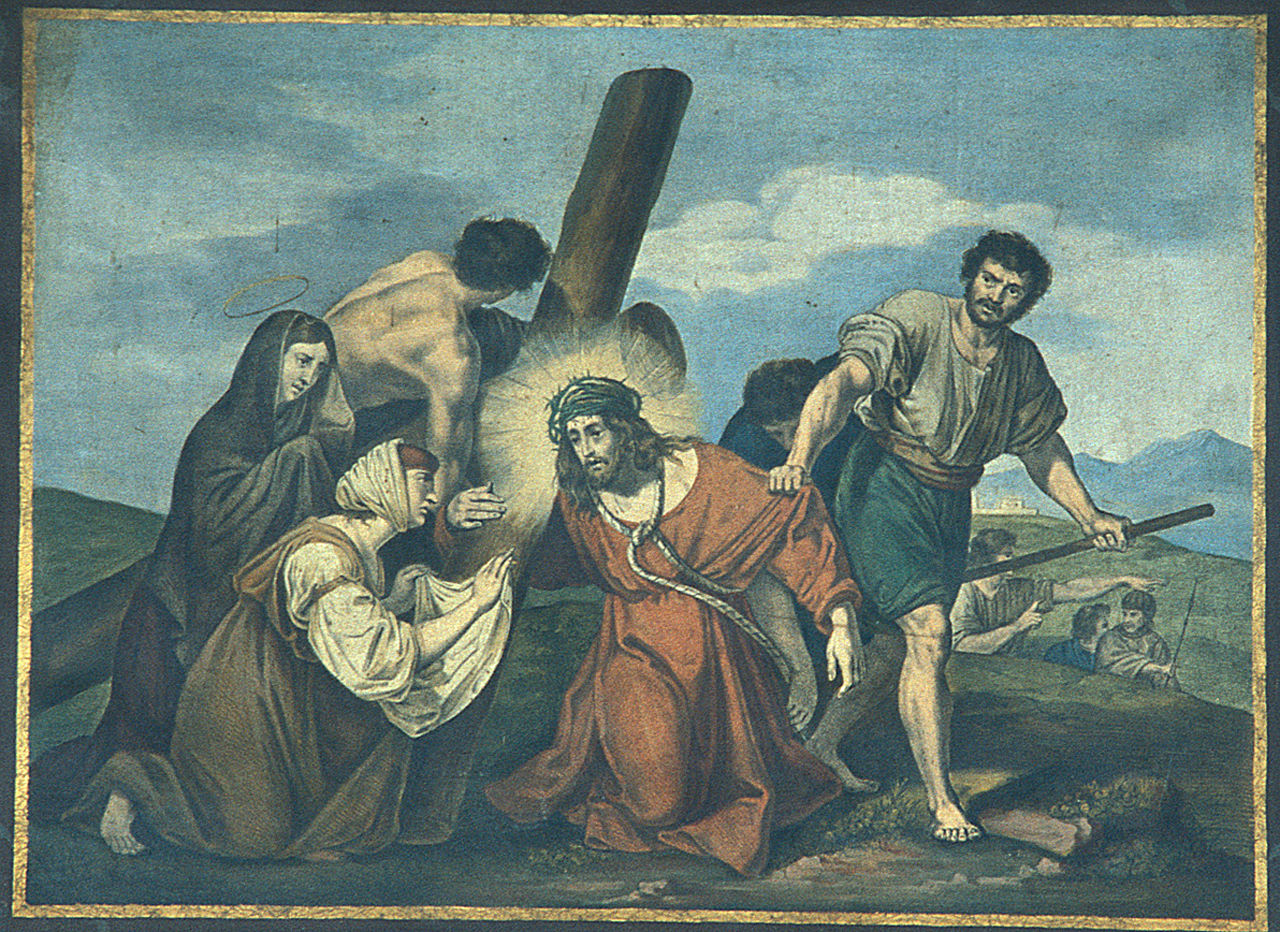 Gesù Cristo asciugato dalla Veronica (Via Crucis VI) (stampa, elemento d'insieme) - ambito italiano (seconda metà sec. XIX)