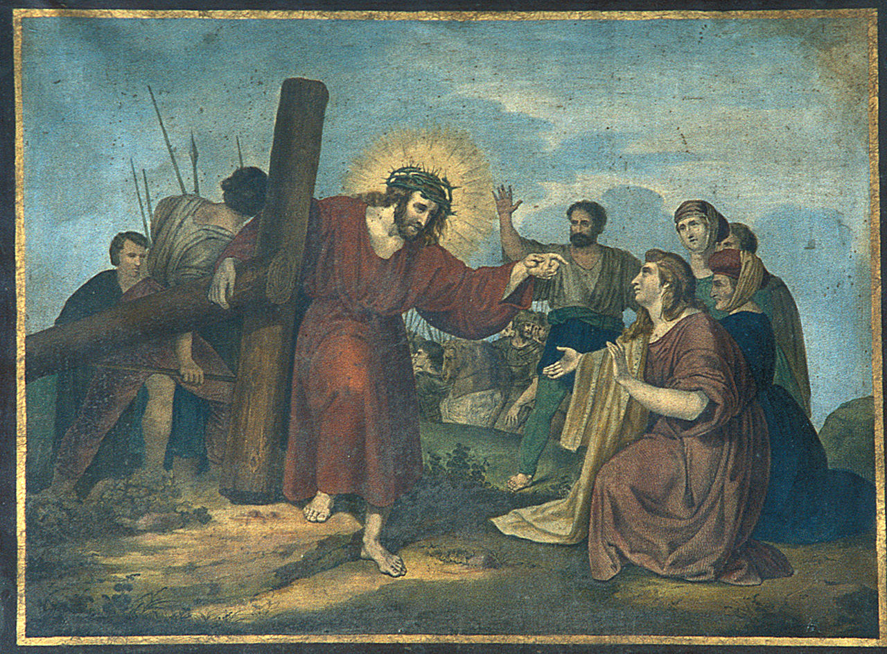 Gesù Cristo consola le donne di Gerusalemme (Via Crucis VIII) (stampa, elemento d'insieme) - ambito italiano (seconda metà sec. XIX)