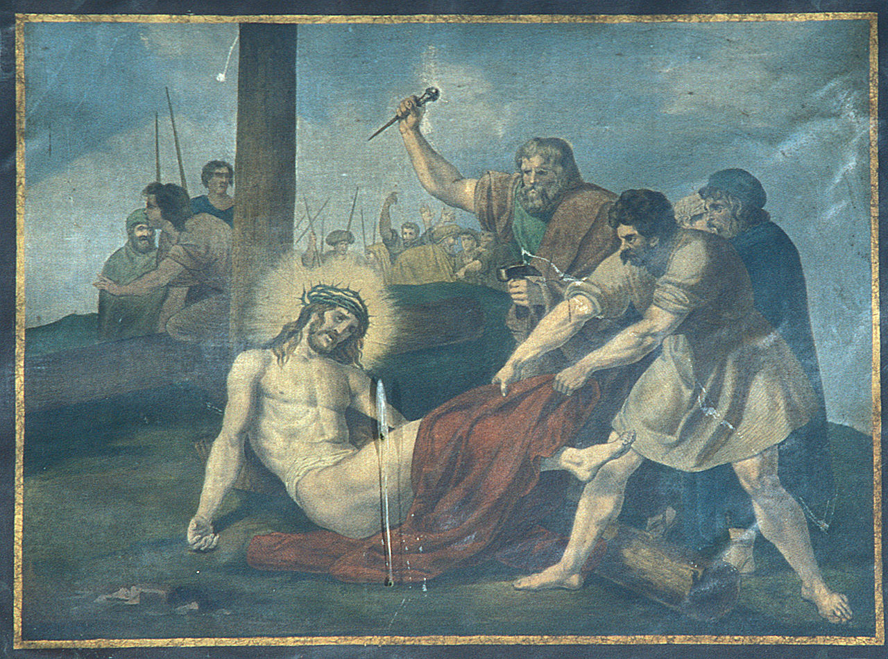 Gesù Cristo inchiodato alla croce (Via Crucis XI) (stampa, elemento d'insieme) - ambito italiano (seconda metà sec. XIX)