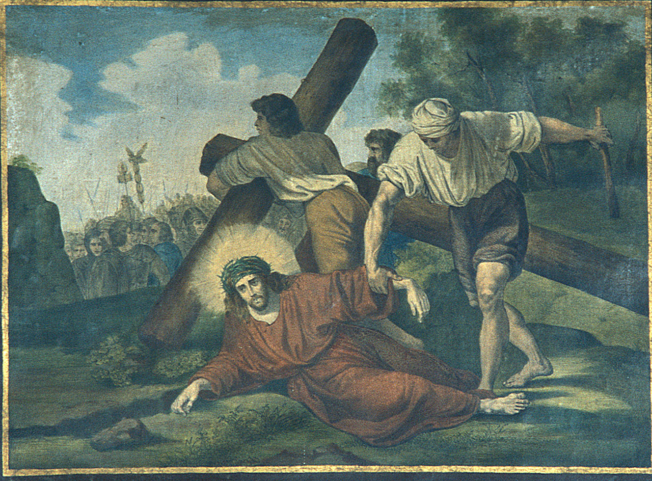 Gesù Cristo cade la prima volta (Via Crucis III) (stampa, elemento d'insieme) - ambito italiano (seconda metà sec. XIX)