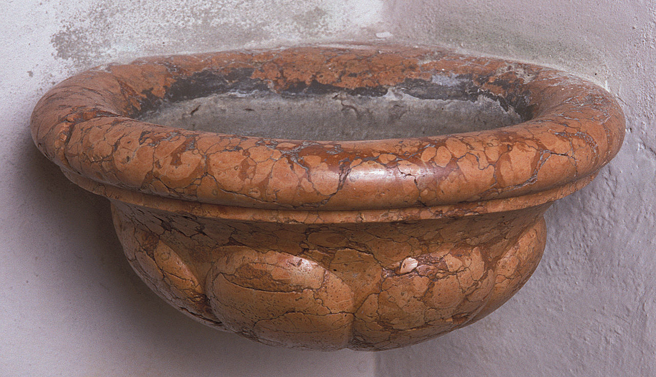 acquasantiera da parete, serie - bottega ferrarese (ultimo quarto sec. XVIII)