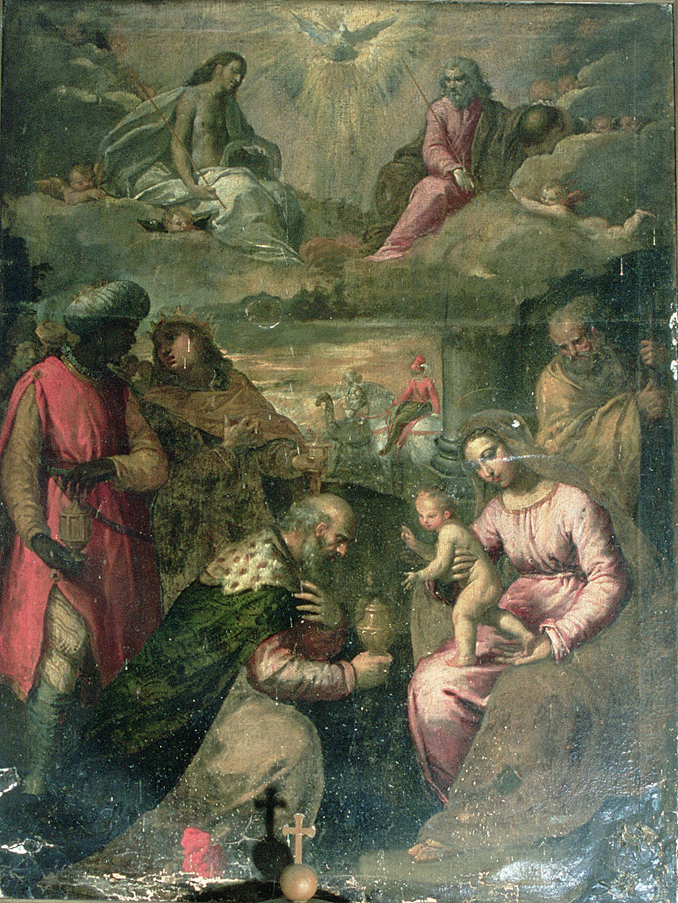 Adorazione dei Magi e Trinità in gloria (dipinto) di Scarsella Ippolito detto Scarsellino (scuola) (fine/inizio secc. XVI/ XVII)