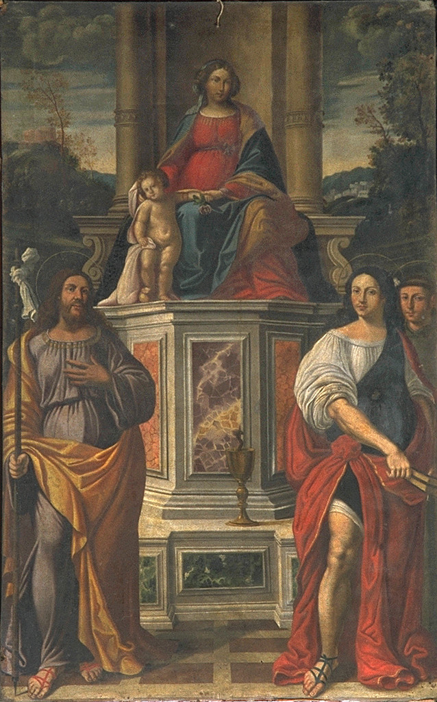 Madonna in trono con San Giacomo e San Giovanni Evangelista (dipinto) - ambito ferrarese (sec. XIX)