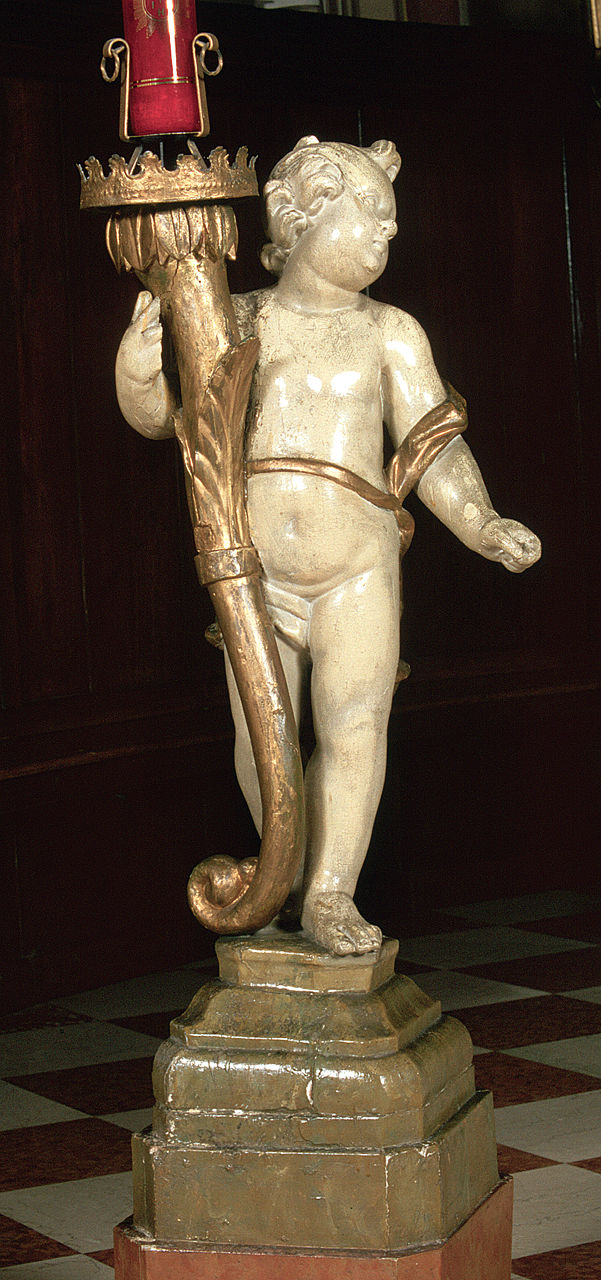 angelo reggicandelabro (base per il cero pasquale, opera isolata) - bottega ferrarese (sec. XVIII)