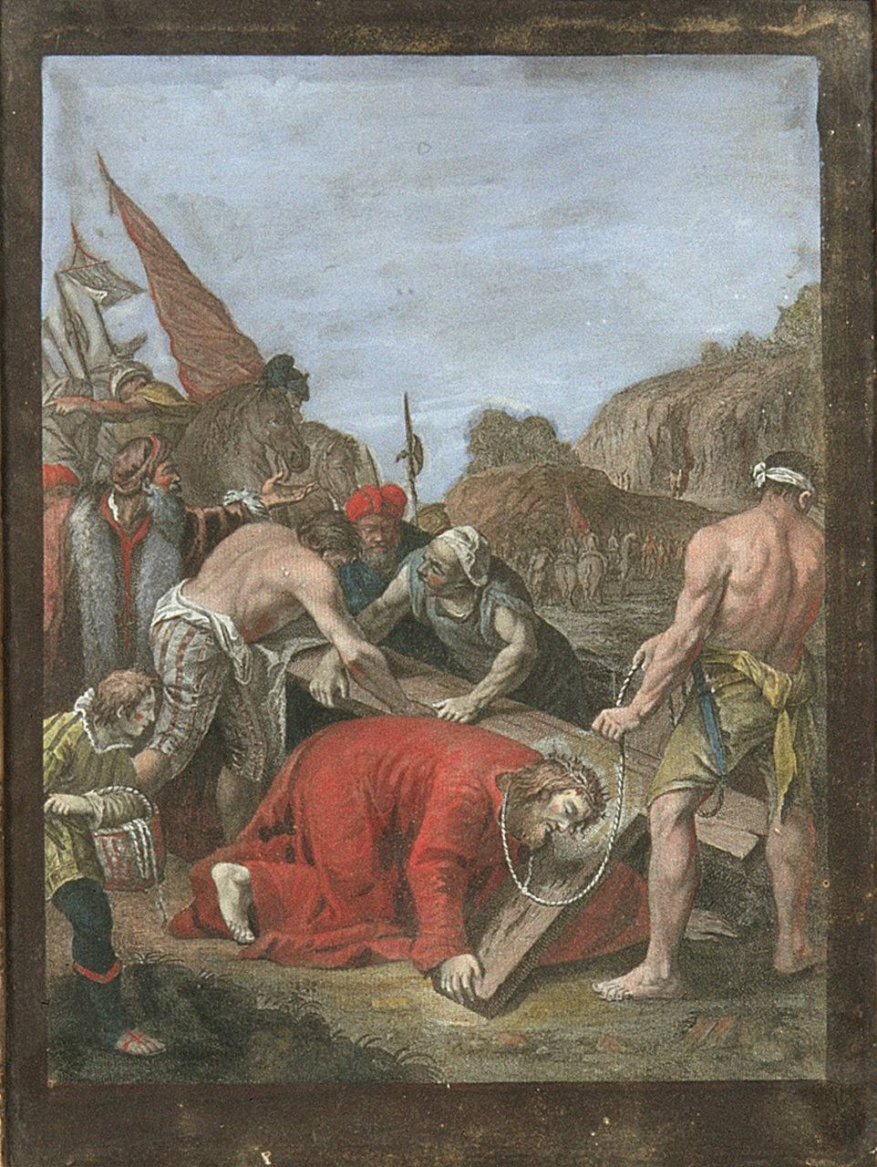 Gesù Cristo cade la terza volta (Via Crucis IX) (incisione, elemento d'insieme) di Diziani Gaspare, Del Colle Pellegrino (sec. XVIII)