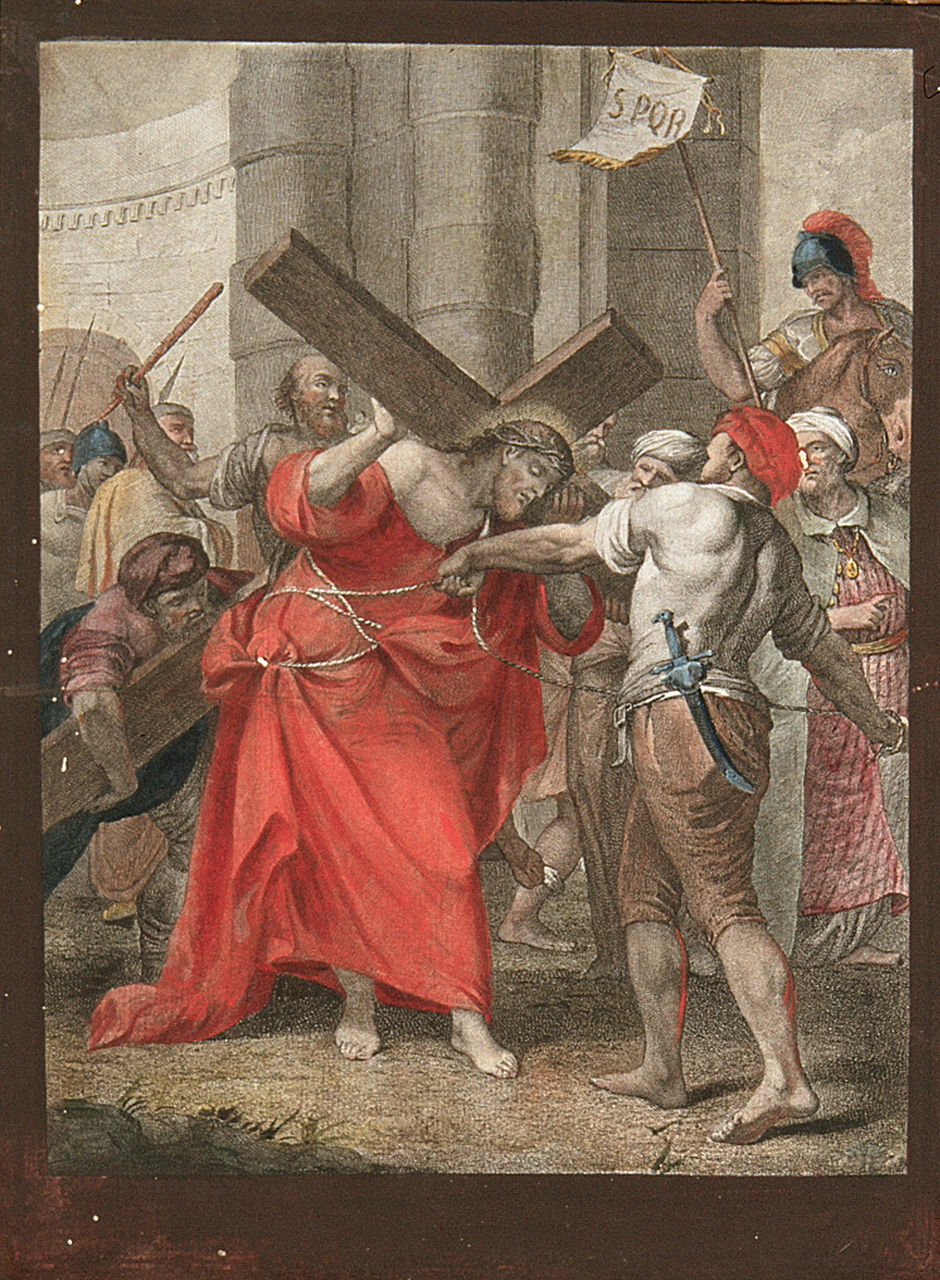 Gesù Cristo caricato della croce (Via Crucis II) (incisione, elemento d'insieme) di Lante Giuseppe, Crosato Giovanni Battista (secondo quarto sec. XVIII)