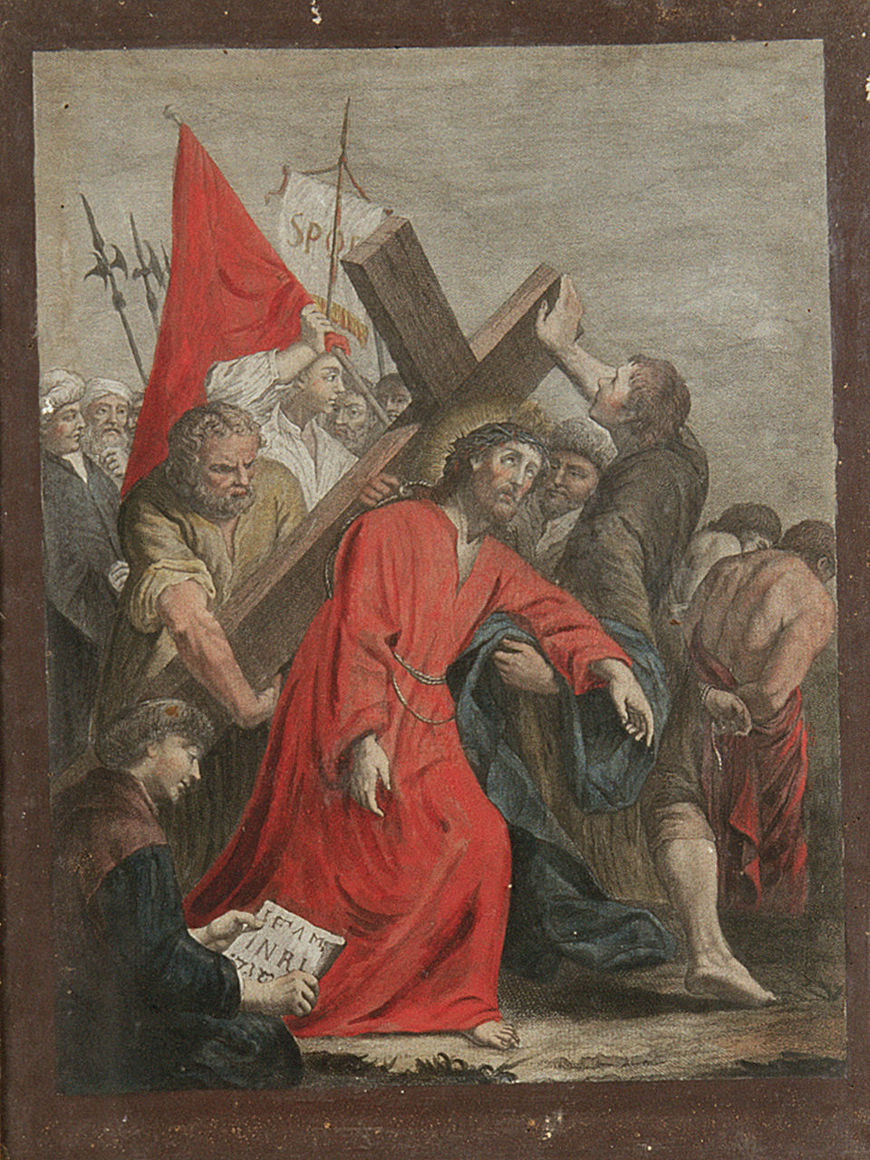 Gesù Cristo aiutato dal cireneo a portare la croce (Via Crucis V) (incisione, elemento d'insieme) di Del Colle Pellegrino, Angeli Giuseppe (seconda metà sec. XVIII)