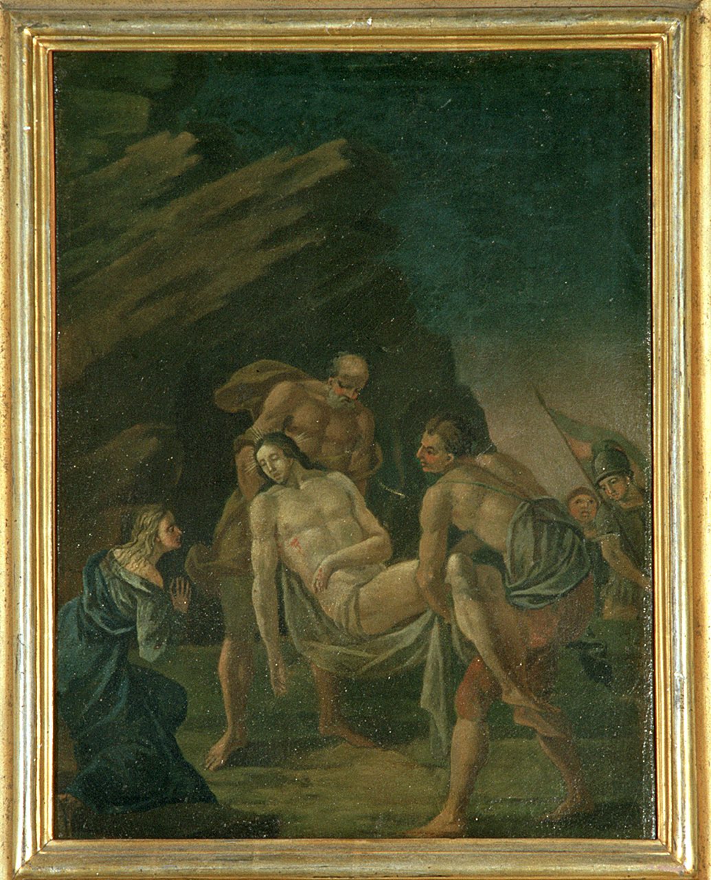 stazione XIV: Gesù deposto nel sepolcro (dipinto, elemento d'insieme) - ambito ferrarese (sec. XVIII)