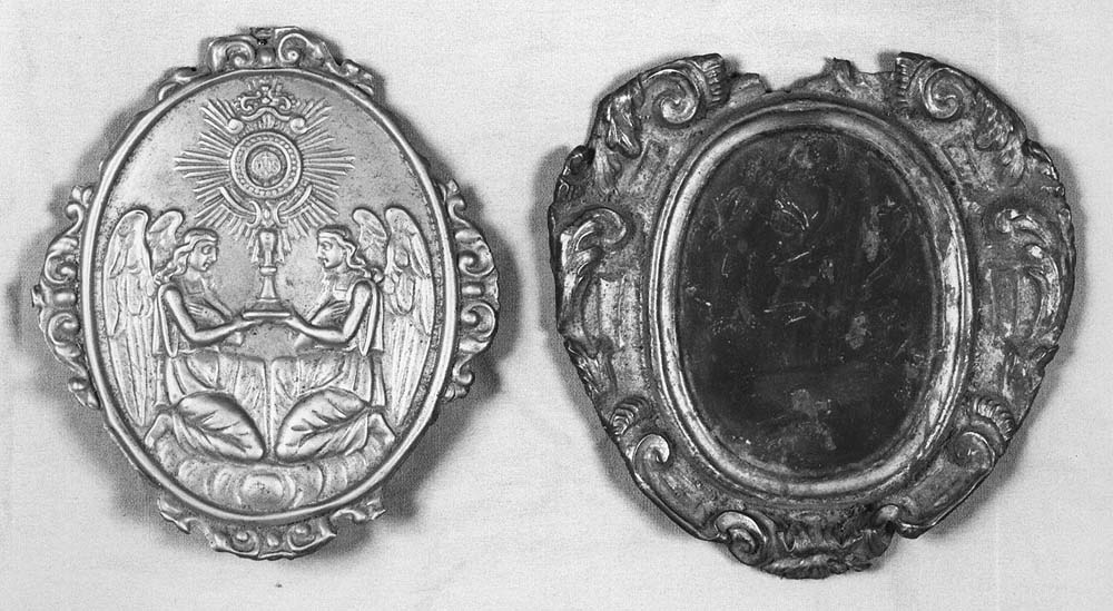 angeli adoranti; Eucarestia; Madonna del Carmine, Madonna del Carmelo (emblema di confraternita) - manifattura emiliana (secc. XIX/ XX)