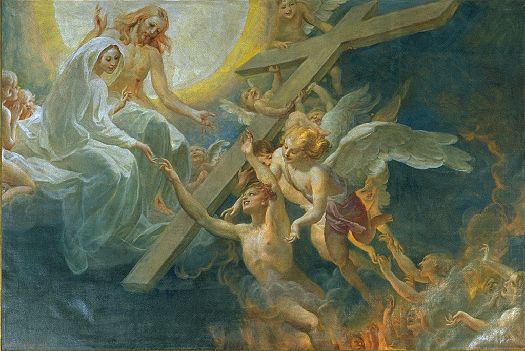 angeli che liberano le anime del purgatorio (dipinto, opera isolata) di Traverso Mattia (sec. XX)