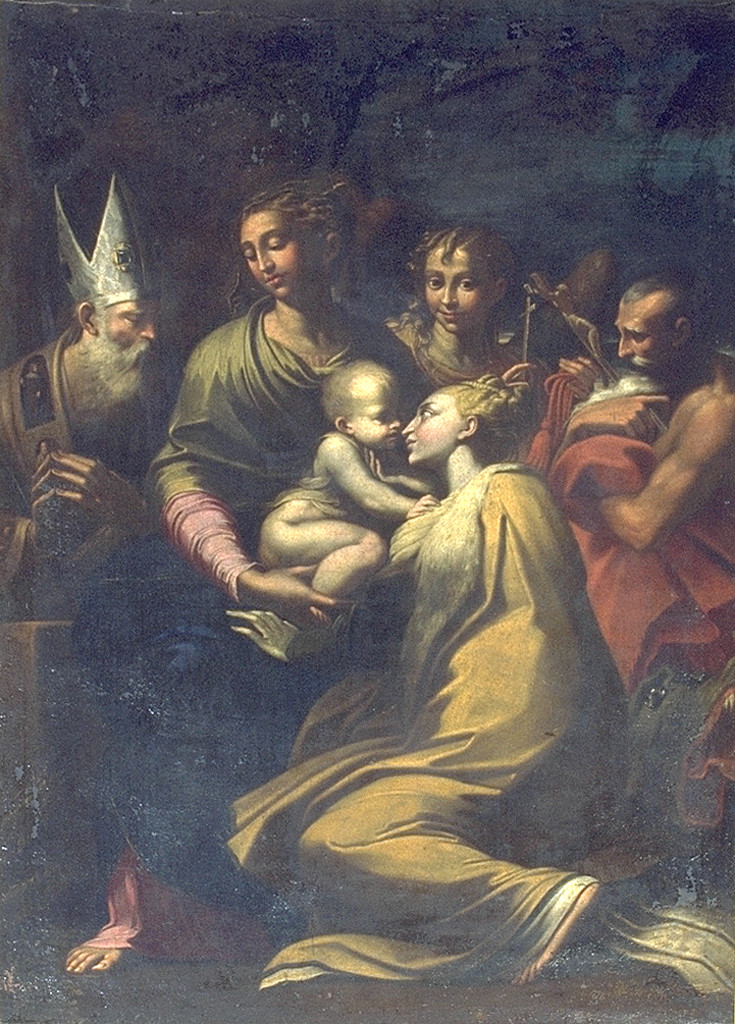 Madonna con Gesù Bambino tra Sant'Agostino, Santa Margherita, San Girolamo e un angelo (dipinto, opera isolata) - ambito ferrarese (prima metà sec. XVII)