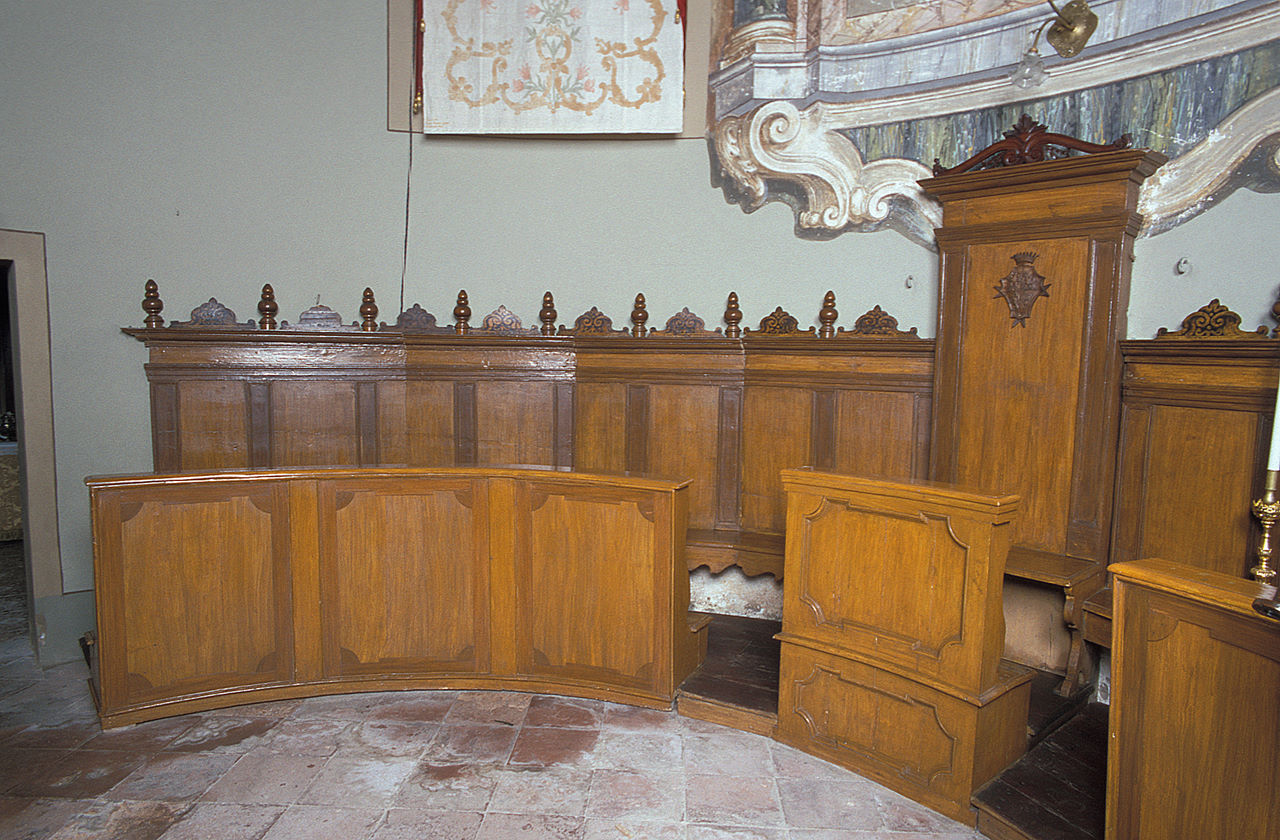 stalli del coro, elemento d'insieme - manifattura ferrarese (secc. XVIII/ XIX)